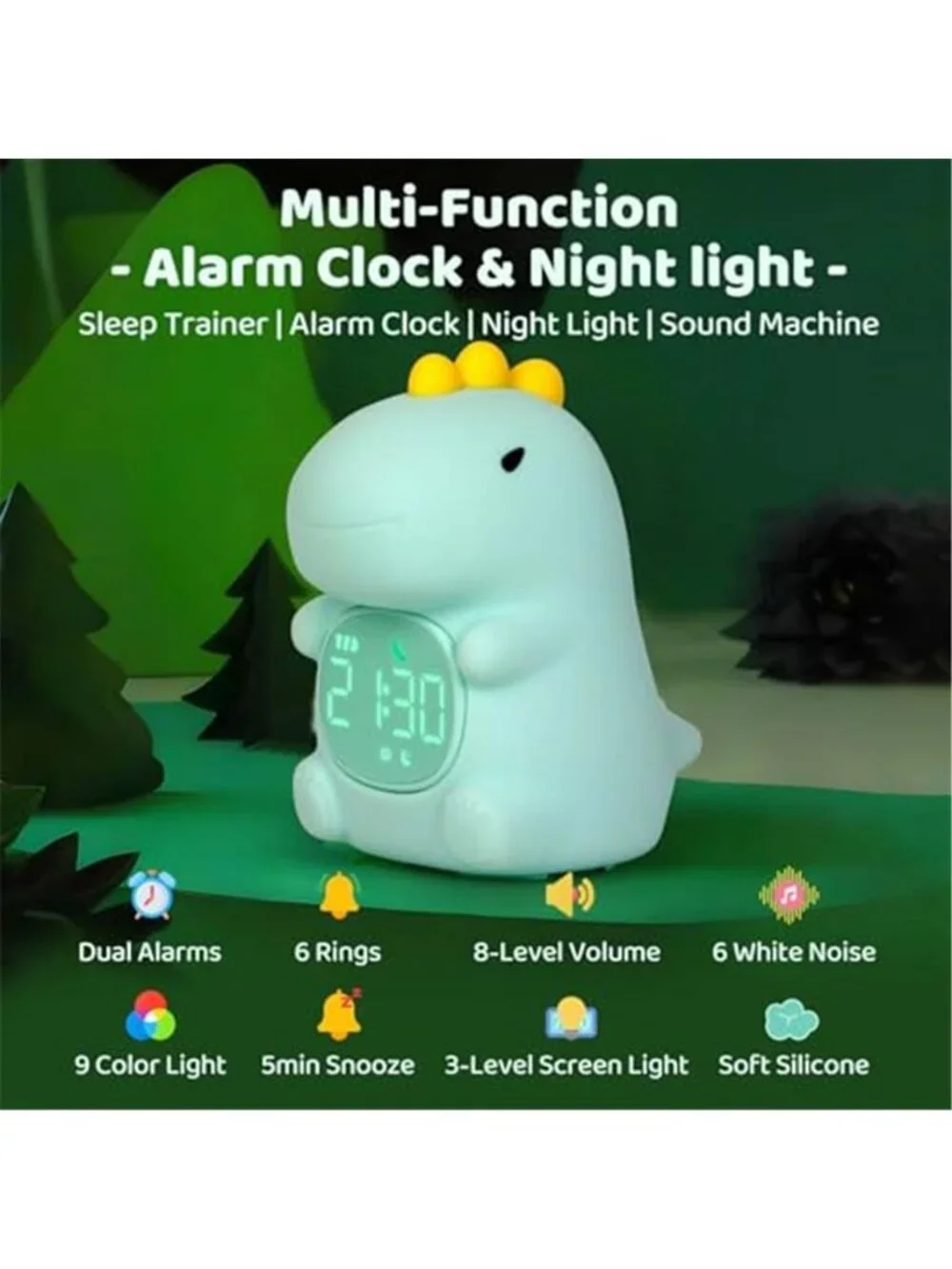 Kids Dinosaur Alarm Clock Silicone Night Light Sleep Training Digital Snooze LED